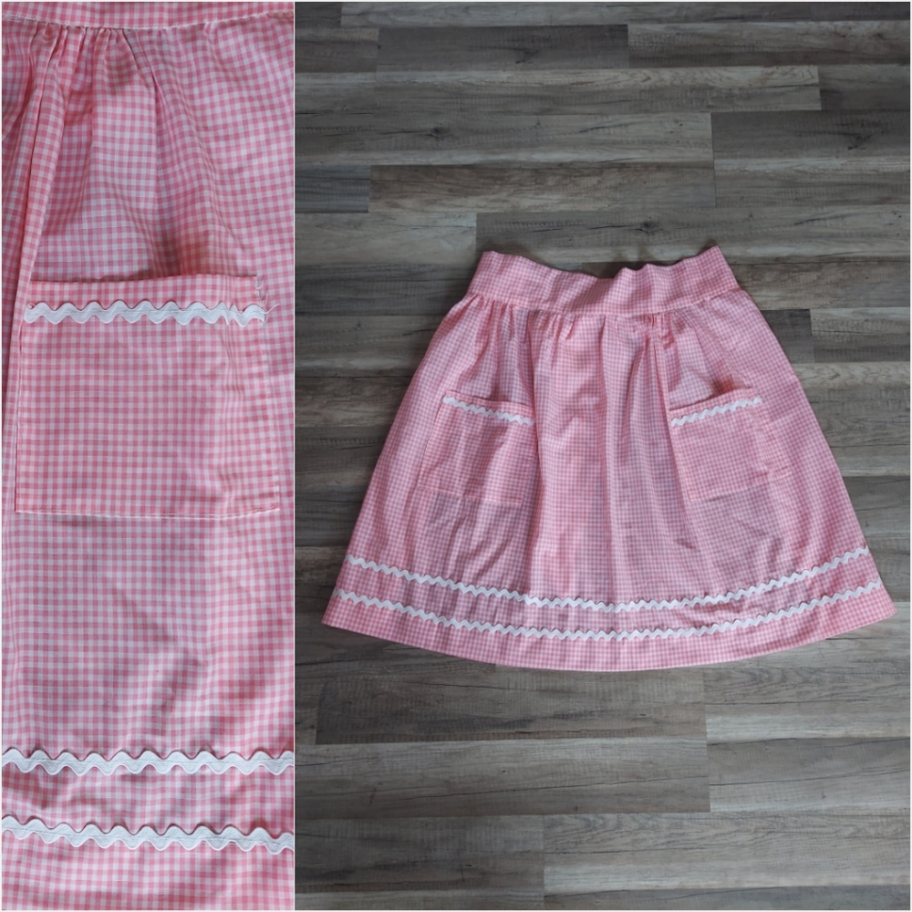 Vintage Half Apron Pink Gingham Ricrac Trim